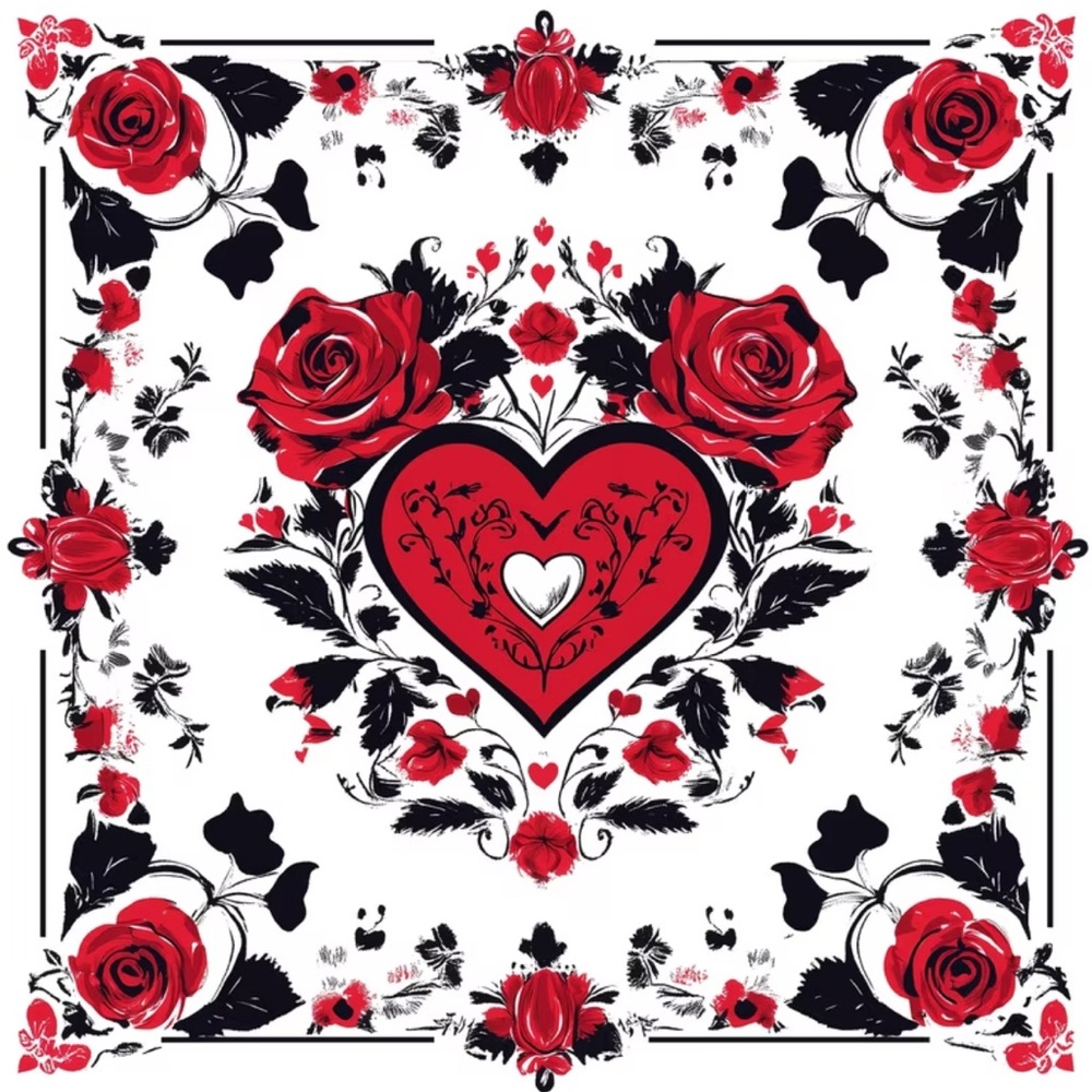 Red Rose Heart Scarf • Romantic Floral Square Scarf ~ Black White & Red